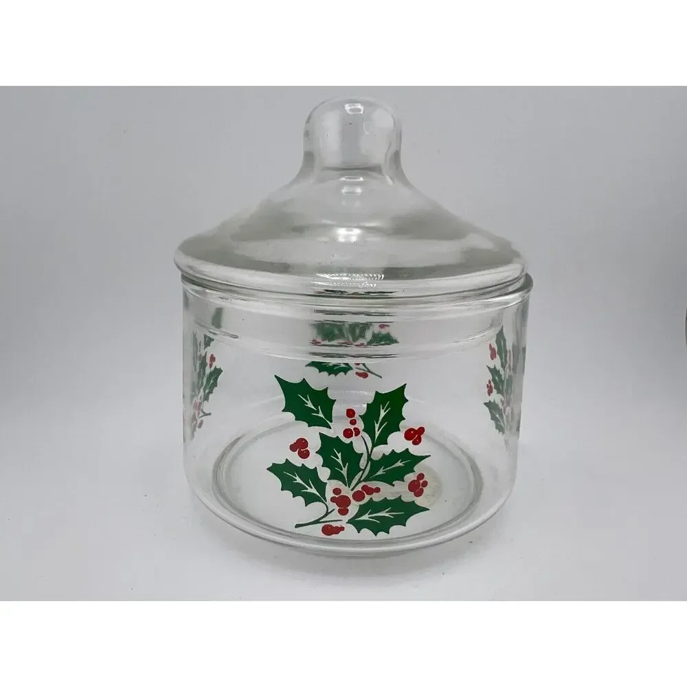 Vintage Indiana Glass 5979 Clear Christmas Holly‎ Berries Snack Jar with Lid